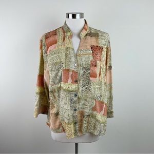 Vintage Kathy Che Brown Orange Tan Geometric Retro Button Down Blouse Top